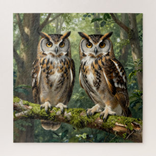 Puzzle Búhos Águila Majestuosos en Percha del Bosque