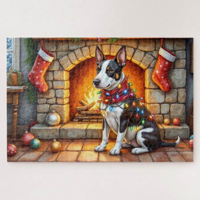 Puzzle Bull Terrier Chimenea con Luces de Navidad (Horizontal)