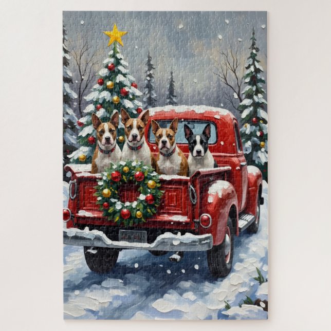 Puzzle Bull Terrier Christmas Red Truck Holiday (Vertical)
