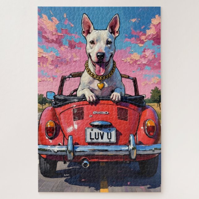 Puzzle Bull Terrier Dog Valentine's Day Red Convertible (Vertical)