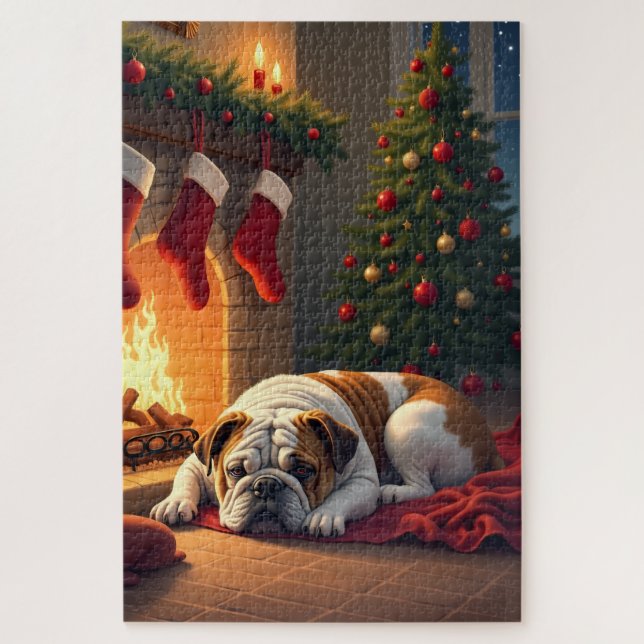 Puzzle Bulldog by the Fireplace Christmas Painting (Vertical)