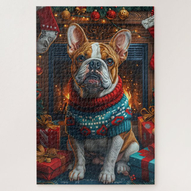 Puzzle Bulldog con Navidades Regalos chimenea (Vertical)