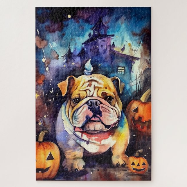 Puzzle Bulldog de Halloween con calabazas temerosas (Vertical)