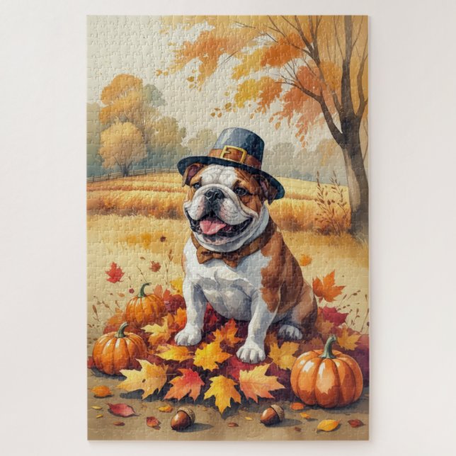Puzzle Bulldog En Otoño Deja El Arte De Acción De Gracias (Vertical)