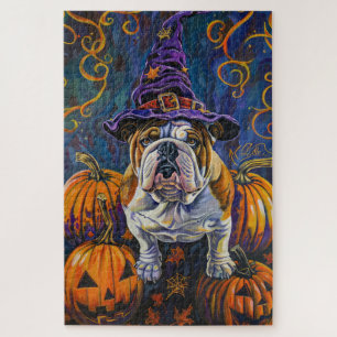 Puzzle Bulldog espeluznante de Halloween bruja y calabaza