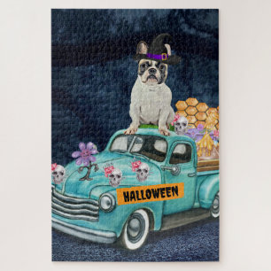 Puzzle Bulldog Francés Camión de Halloween Noche Espeluzn