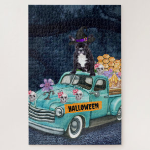 Puzzle Bulldog Francés Camión de Halloween Noche Espeluzn