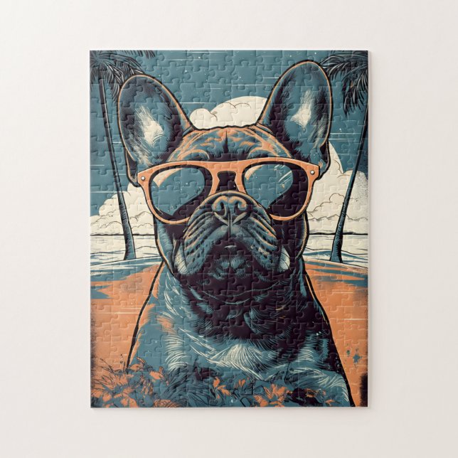 Puzzle Bulldog francés con gafas de sol en una playa trop (Vertical)