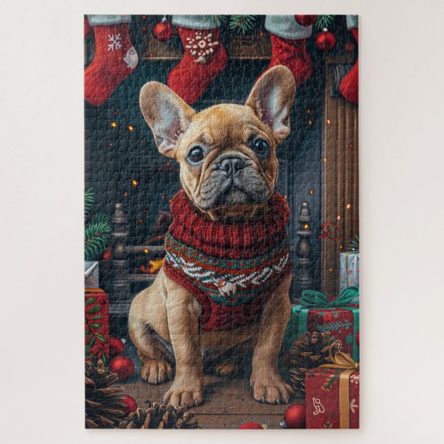 Puzzle Bulldog Francés Con Regalos De Navidad Chimenea (Vertical)
