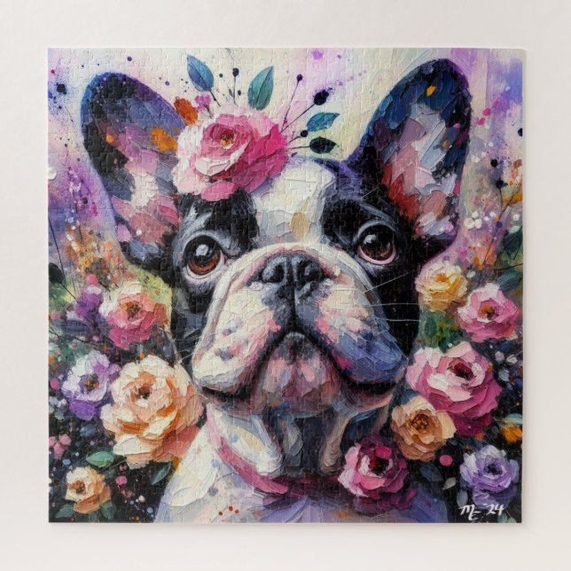 Puzzle Bulldog francés con Rosas Pintura impresionista (Vertical)