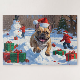 Puzzle Bulldog Francés corriendo en la nieve con sombrero