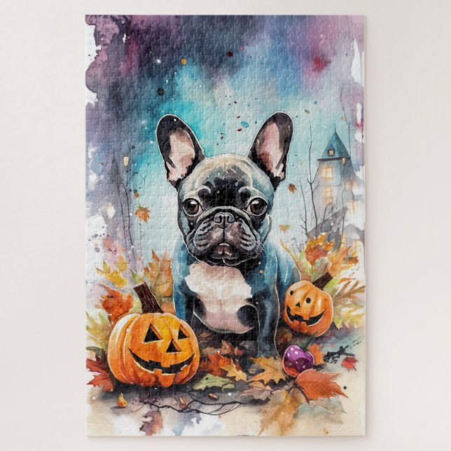 Puzzle Bulldog francés de Halloween con calabazas temeros (Vertical)