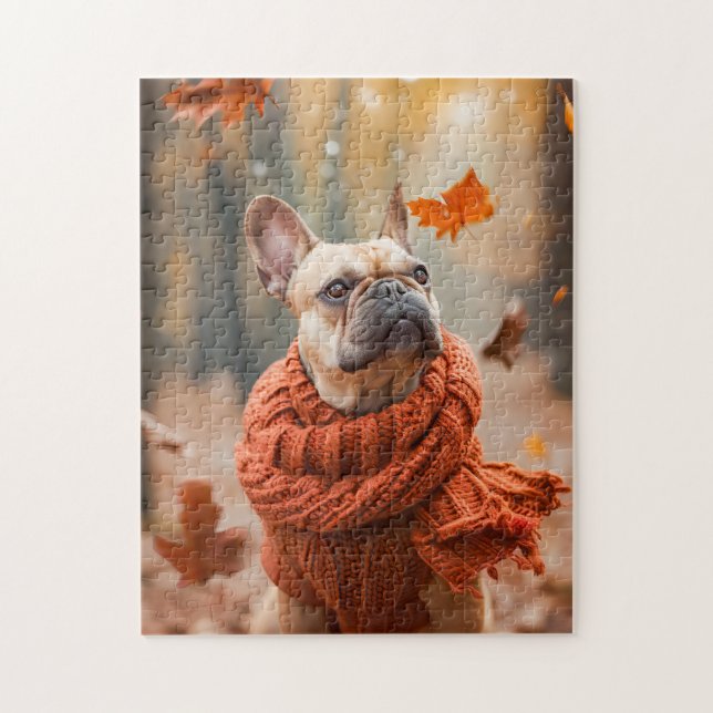 Puzzle Bulldog Francés en Bosque de Otoño (Vertical)