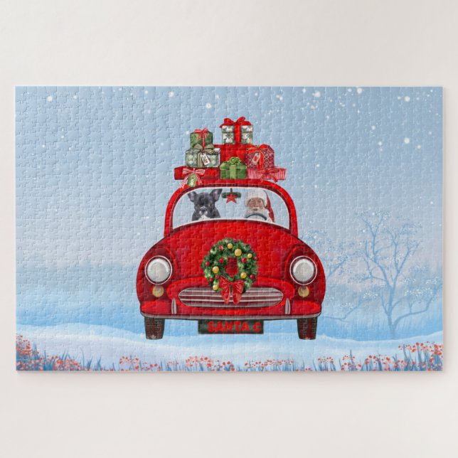 Puzzle Bulldog Francés En Coche Con Santa Claus (Horizontal)