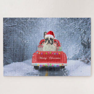 Puzzle Bulldog Francés en la nieve sentado en un camión d