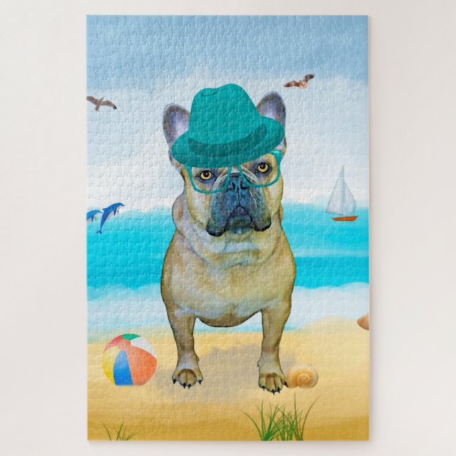Puzzle Bulldog francés en la playa (Vertical)