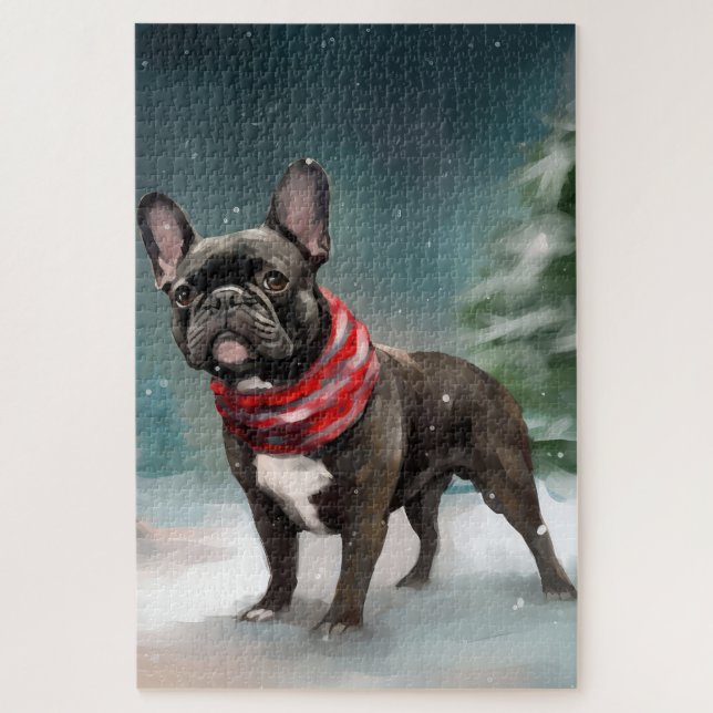 Puzzle Bulldog francés en Navidades de nieve (Vertical)