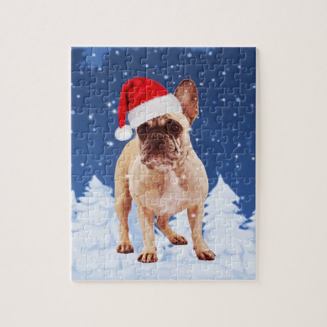 Puzzle Bulldog francés en Navidades de nieve con Santa Ha (Vertical)
