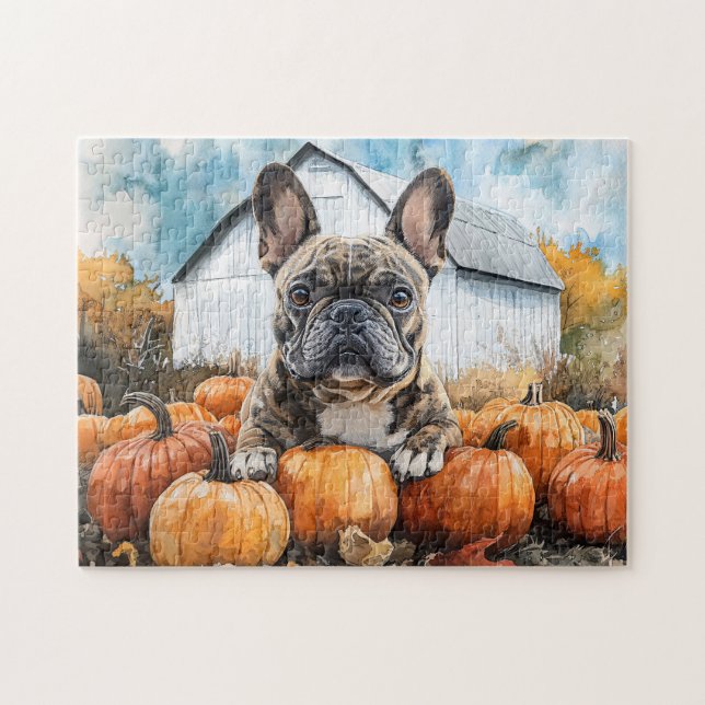 Puzzle Bulldog francés en parche de calabaza (Horizontal)