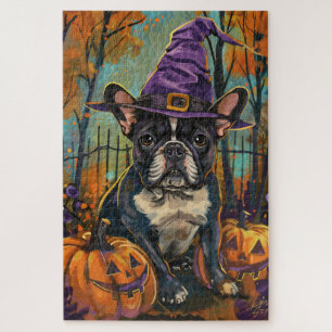 Puzzle Bulldog francés espeluznante, bruja de Halloween y
