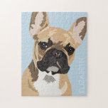 Puzzle Bulldog francés Fawn personalizado<br><div class="desc">Rompecabezas de bulldog francés de arte pop personalizado con una linda frenesía de flor roja sobre un fondo azul pastel que se puede cambiar a cualquier color,  y tu nombre.</div>