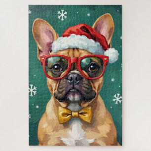 Puzzle Bulldog Francés Hipster Gafas de Santa Modernas 
