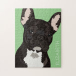 Puzzle Bulldog francés Mascota personalizado<br><div class="desc">Rompecabezas de bulldog francés de arte pop personalizado con una linda frenesía negra sobre un fondo verde que se puede cambiar a cualquier color,  y tu nombre.</div>