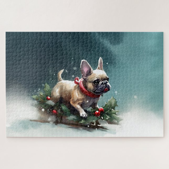 Puzzle Bulldog Francés Navidad nieve invierno (Horizontal)