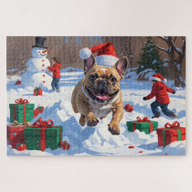 Puzzle Bulldog francés postula en nieve con Gorra Navidad (Horizontal)