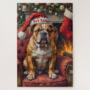 Puzzle Bulldog gruñón Sombrero de Navidad en Silla de Ter
