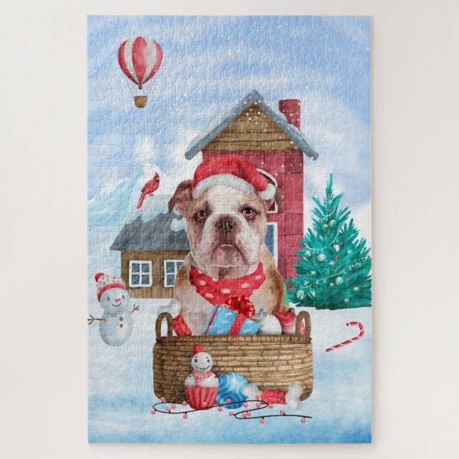 Puzzle Bulldog Inglés en casa de perro de Navidad con nie (Vertical)