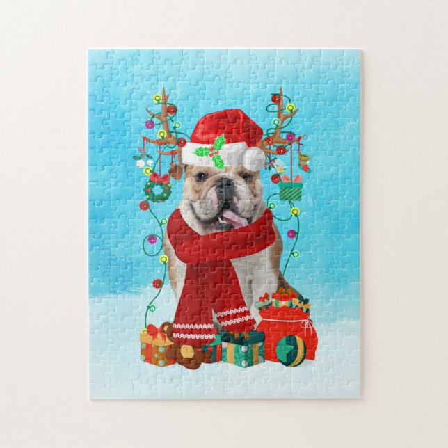 Puzzle Bulldog inglés en la nieve con regalos de Navidade (Vertical)