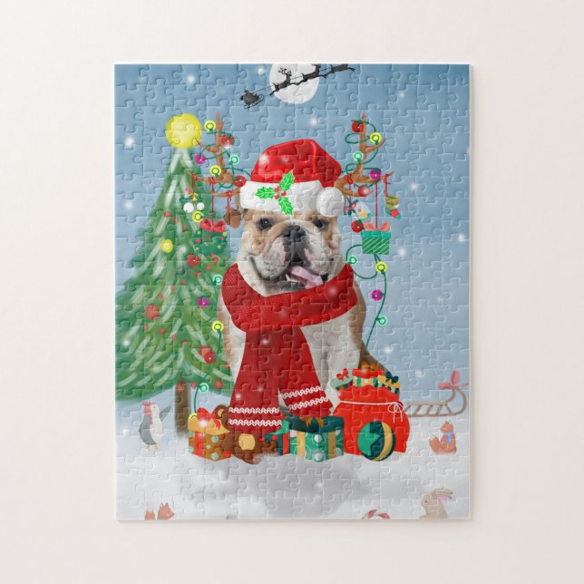 Puzzle Bulldog inglés en nieve con regalos de Navidades (Vertical)