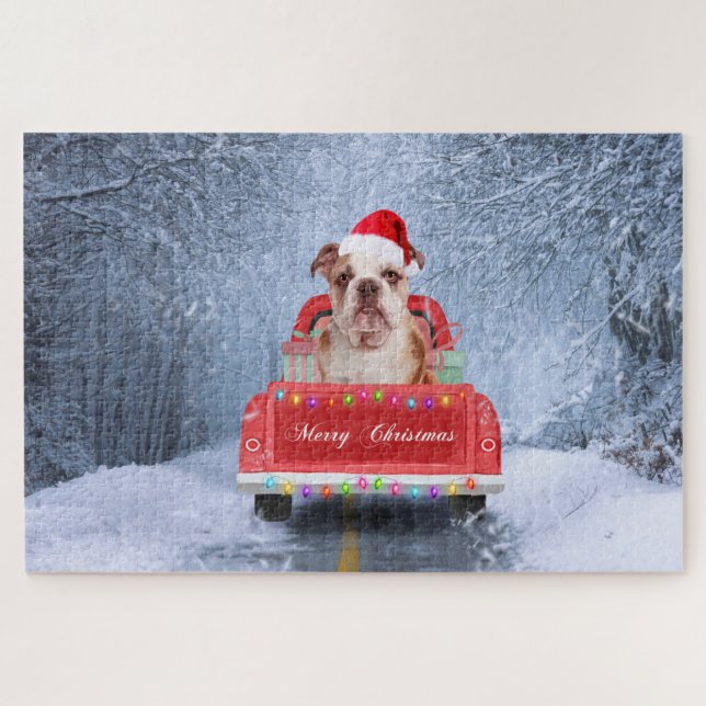 Puzzle Bulldog inglés en Nieve sentado en un camión de Na (Horizontal)