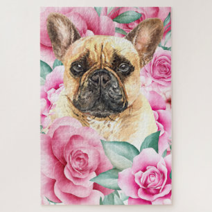 Puzzle Bulldog perro cara color agua dibujando rosa rosa 
