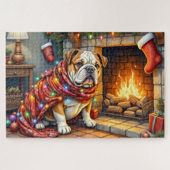 Puzzle Bulldog sentado junto a la chimenea con luces de N (Horizontal)