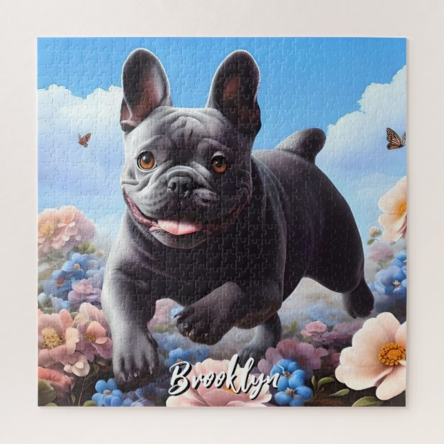 Puzzle Bulldog y flores azules de Francia (Vertical)