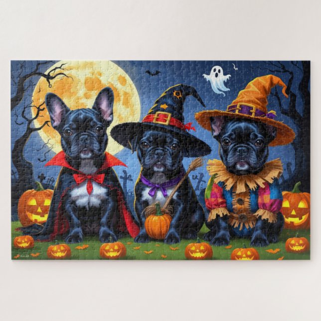 Puzzle Bulldoges franceses negros Calabaza Halloween Funn (Horizontal)