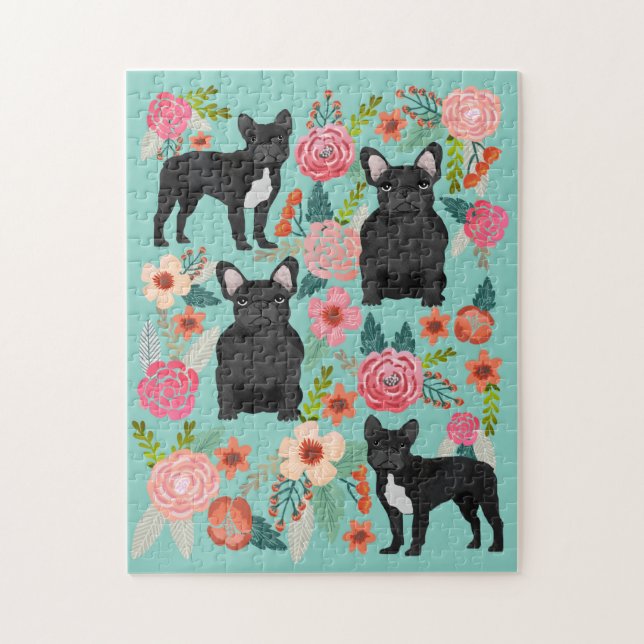 Puzzle Bulldoges franceses negros vintage Florals (Vertical)