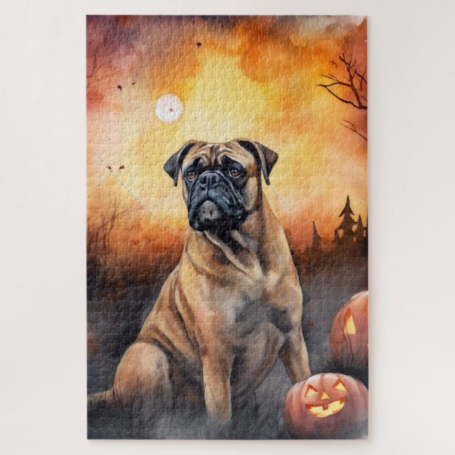 Puzzle Bullmastiff de Halloween con calabazas aterradoras (Vertical)