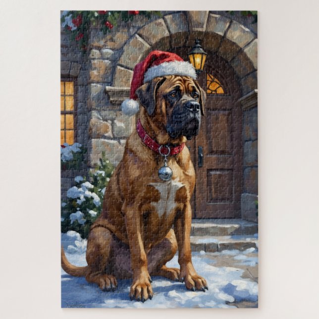 Puzzle Bullmastiff Dog Guardian of Christmas Manor Art (Vertical)