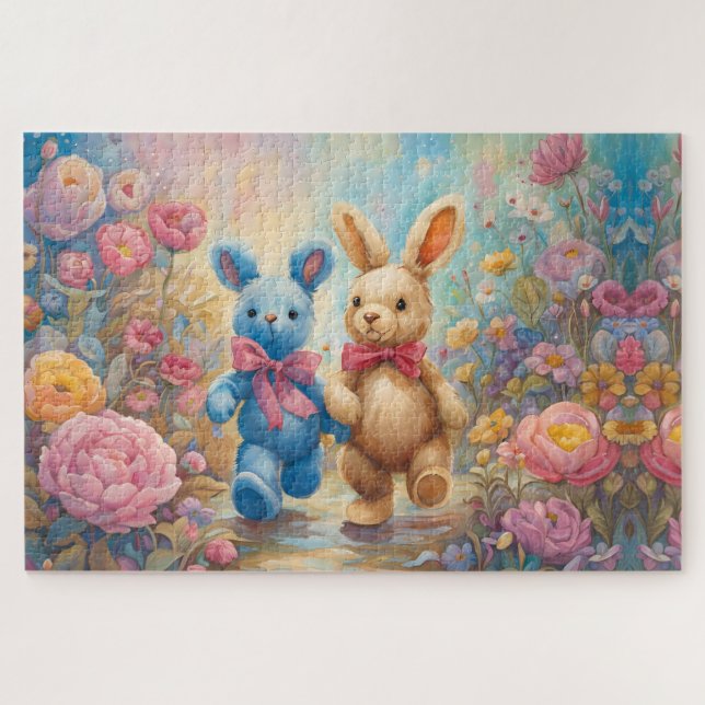 Puzzle Bunnies rellenos en un jardín pastel (Horizontal)