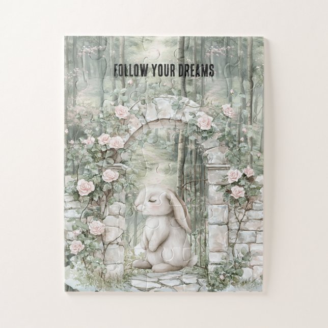 Puzzle Bunny de jardín floral rosado encantado (Vertical)