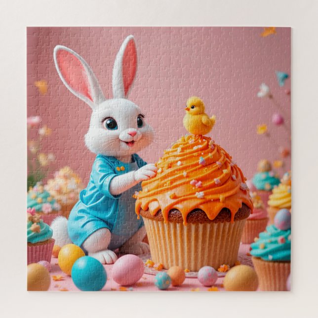 Puzzle Bunny de Pascua y Chick con pasteles coloridos (Vertical)