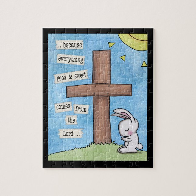 Puzzle Bunny Prays At the Cross (Vertical)