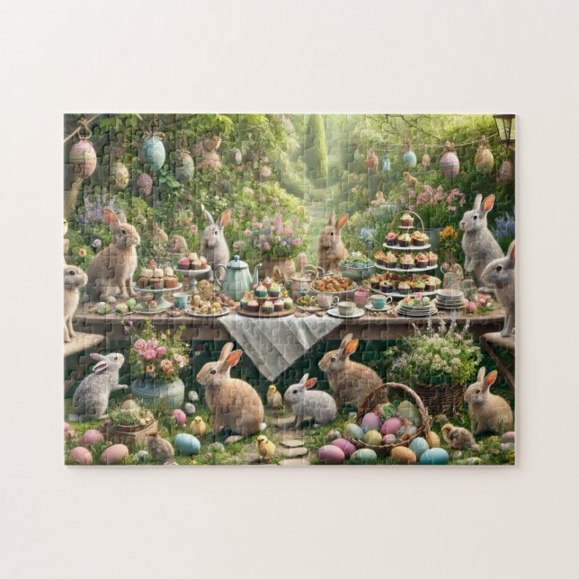 Puzzle Bunny Tea Party Whimsical Easter Garden Scene (Horizontal)