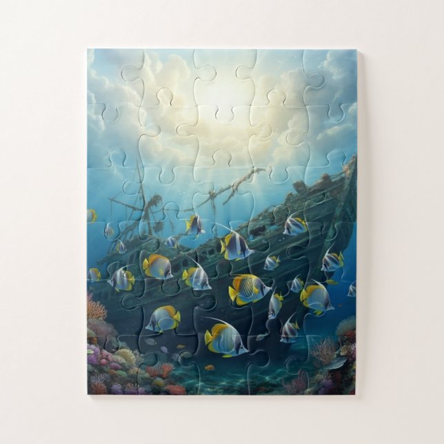 Puzzle Buque hundido y escuela de pescado (Vertical)