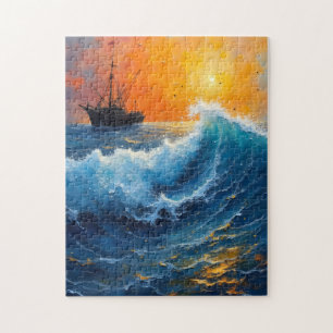 Puzzle Buque pesquero en el océano al amanecer