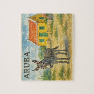 Puzzle Burro de Aruba con casa cunucu amarilla acuarela