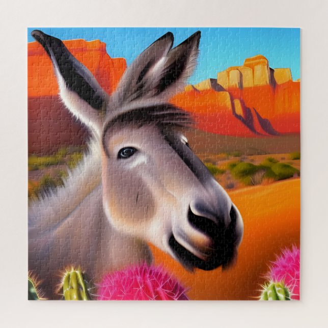 Puzzle Burro lindo con cactus floridos (Vertical)